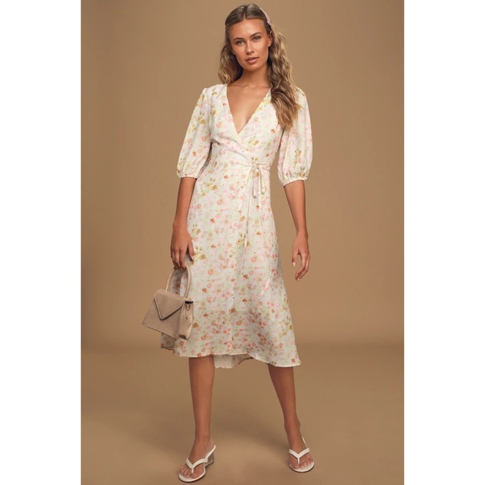 Charlie Holiday Salsa White Floral Midi‎ Wrap Dress Spring Cottage Core Size 4